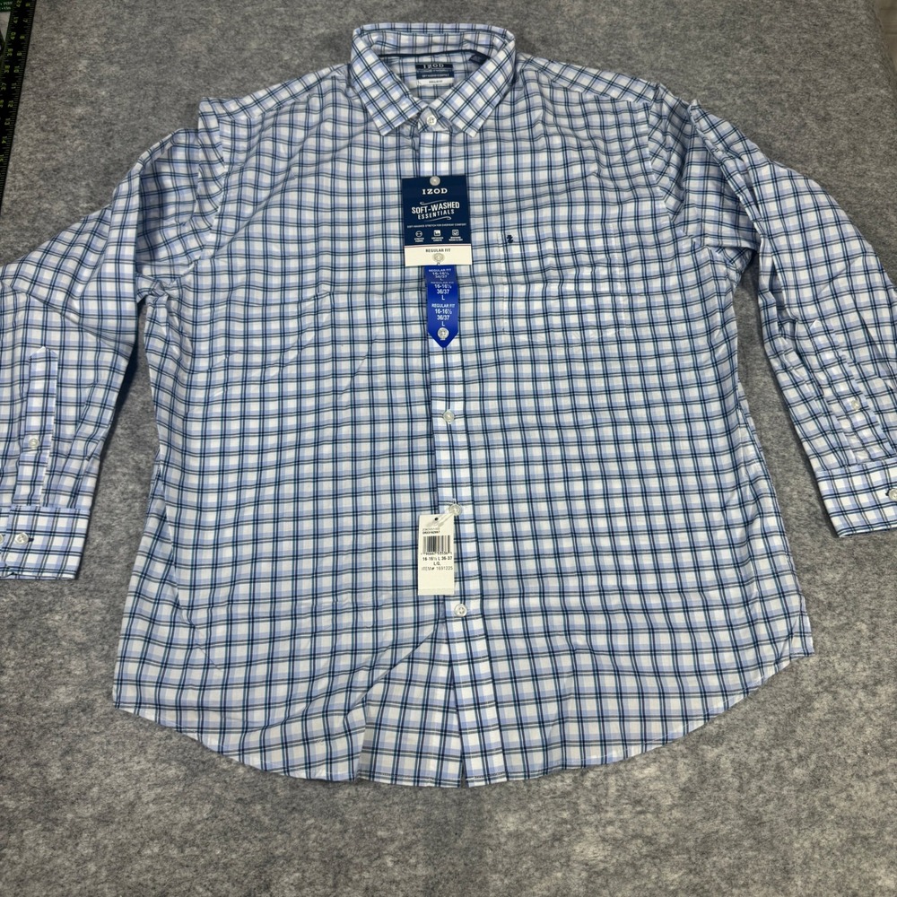 IZOD Mens Blue Plaid Soft-Washed Essentials Regular Fit Shirt L 16-16.5 NEW